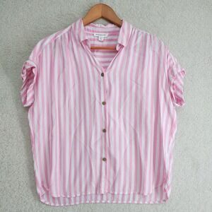 beachlunchlounge Blouse Womens S Pink White Striped Button Up Short Sleeve